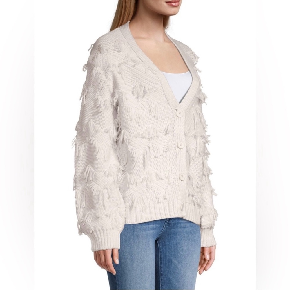 NWT 525 America Sweaters Fringe V Neck button front cream Cardigan Medium - Picture 2 of 12